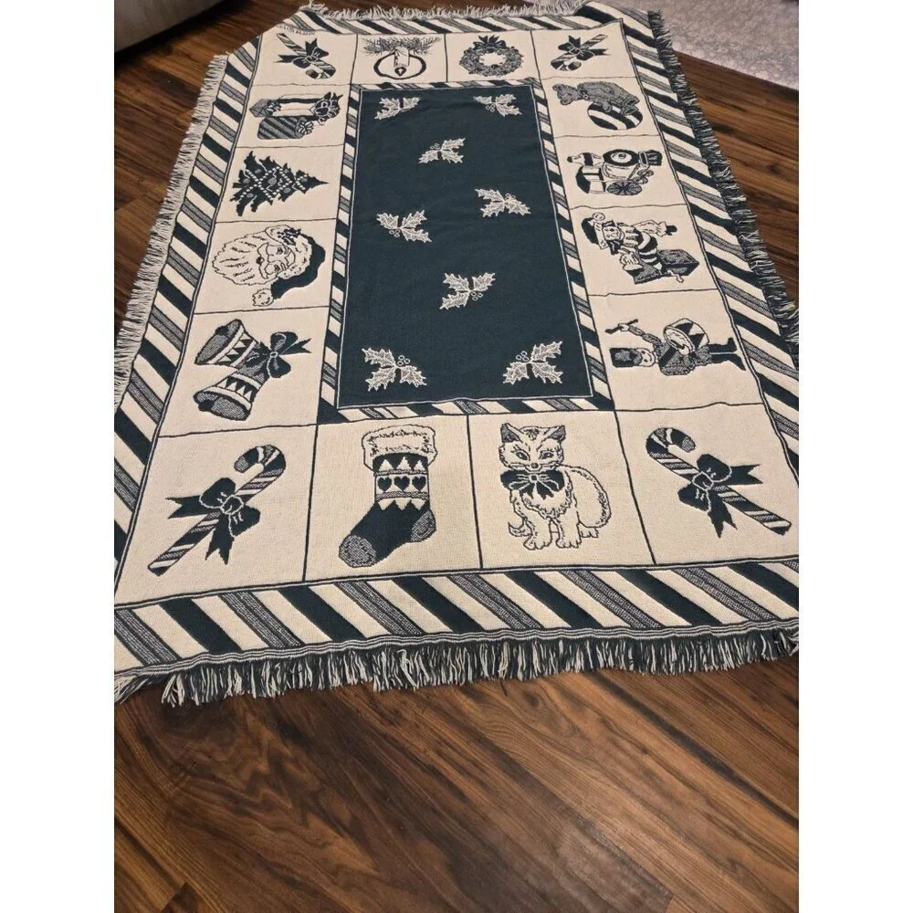 Vtg Christmas Woven Tapestry Throw Blanket With Fringes Reversible 47x71
